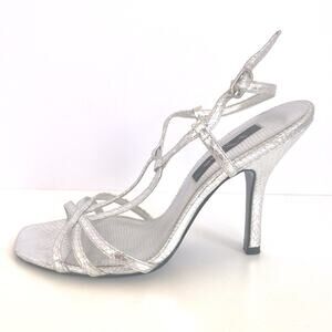 Vintage Silver Strappy Heels Stiletto Tango Metallic Snakeskin Nina New York 7.5